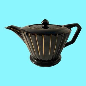 Vintage Sadler Teapot Black W/Gold Stripes MCM England Retro Art Deco Small Ding